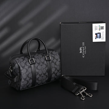 Coach Signature Duffel Bag – Black Monogram Canvas with Leather Trim