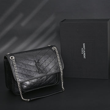 Saint Laurent Niki Medium Black Crinkled Leather Shoulder Bag
